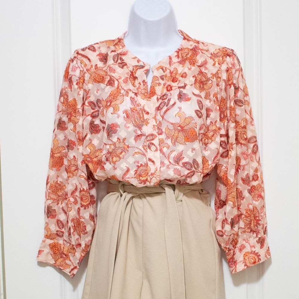 (W Medium) Ophelia Roe Paisley Button Pattern Blouse Orange Red Vintage Look